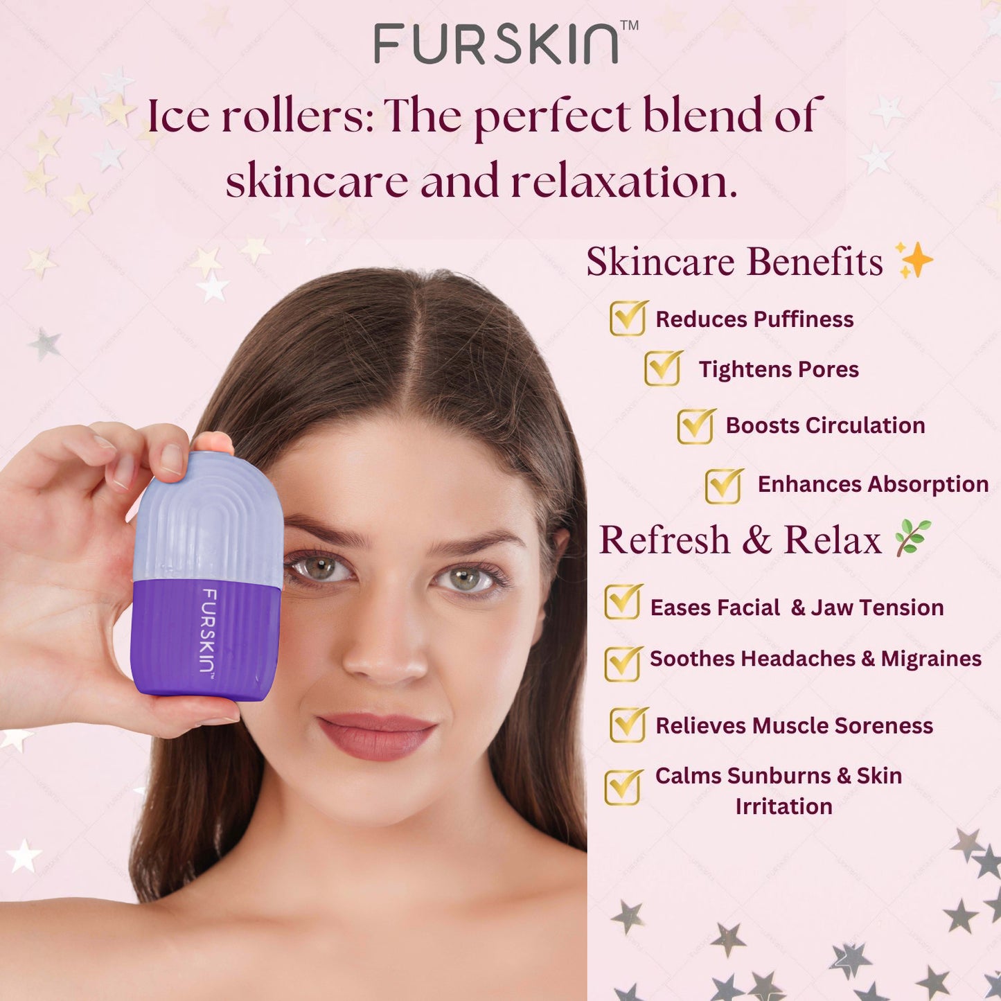 Furskin Ice Roller for Face, Neck & Eyes| Reusable Silicone Facial Tool for Glowing & Tightened Skin, De-Puff Eye Area, Cryotherapy Face Massager [ Purple ]