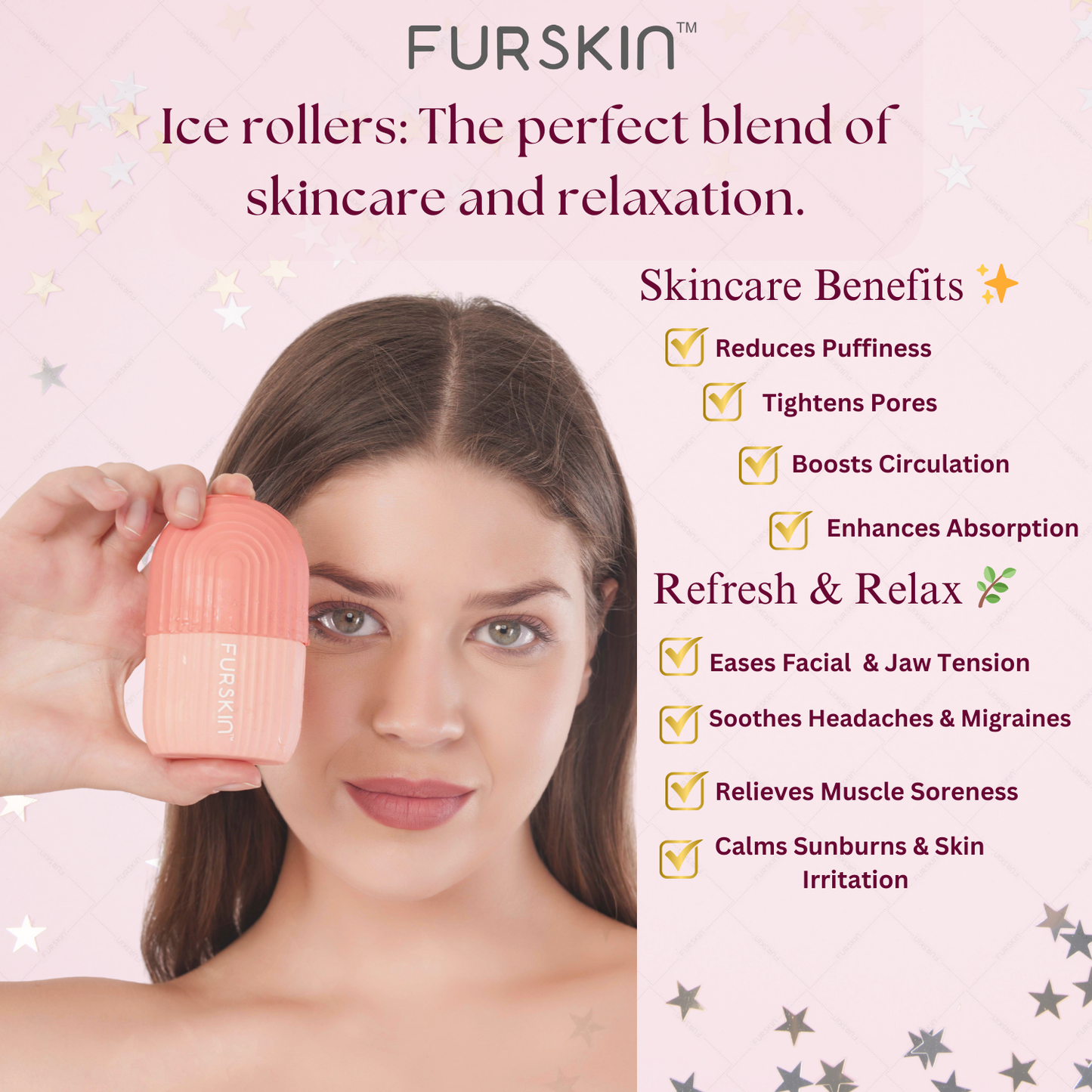 Furskin Ice Roller for Face, Neck & Eyes - Reusable Silicone Facial Tool for Glowing & Tightened Skin, De-Puff Eye Area, Cryotherapy Face Massager (Pink)