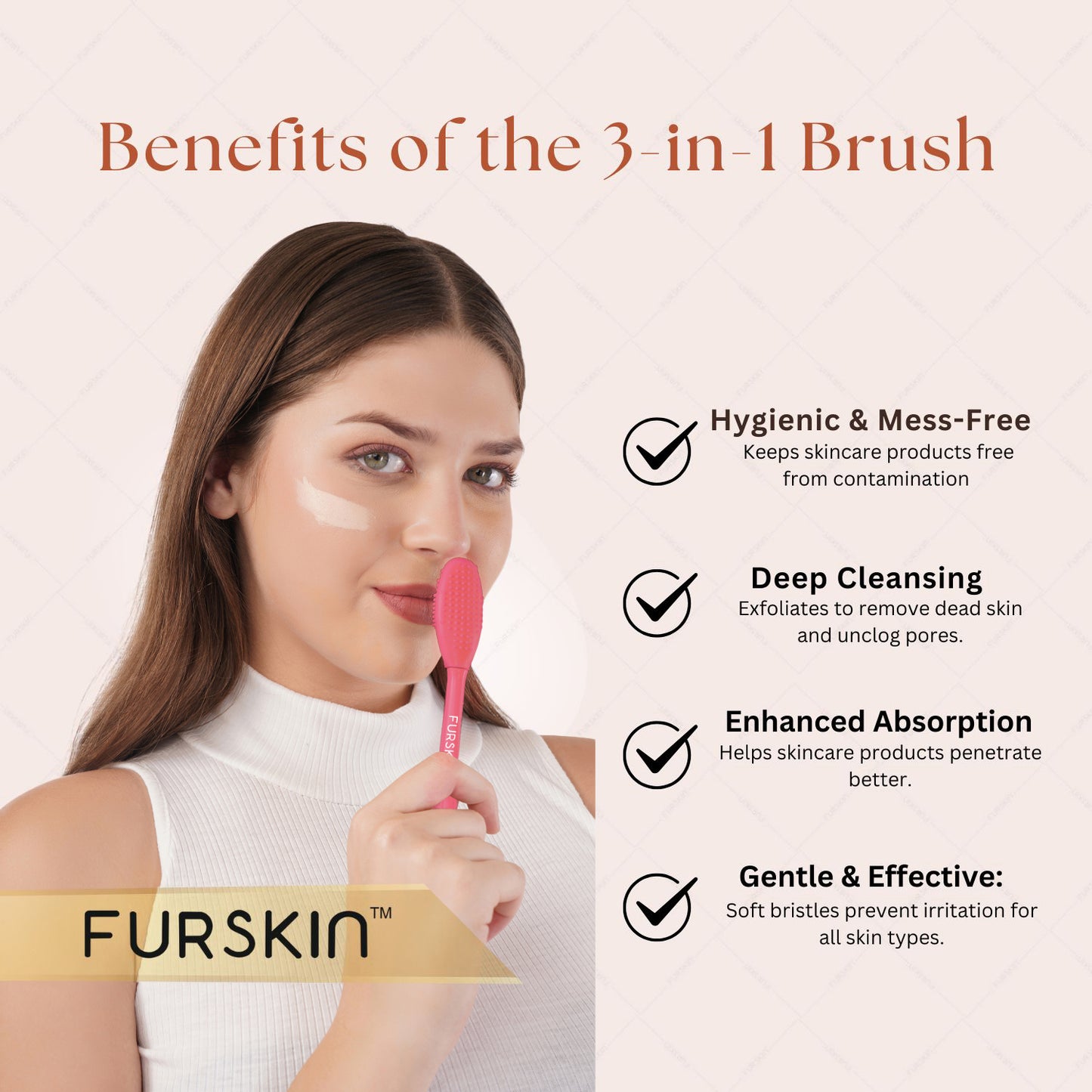 Furskin 3-in-1 Face & Lip Cleansing Brush | Ultra-Hygienic Soft Silicone Bristles for Gentle Exfoliation | Facial Mud, Clay & Charcoal Mask Applicator [Mint Green]