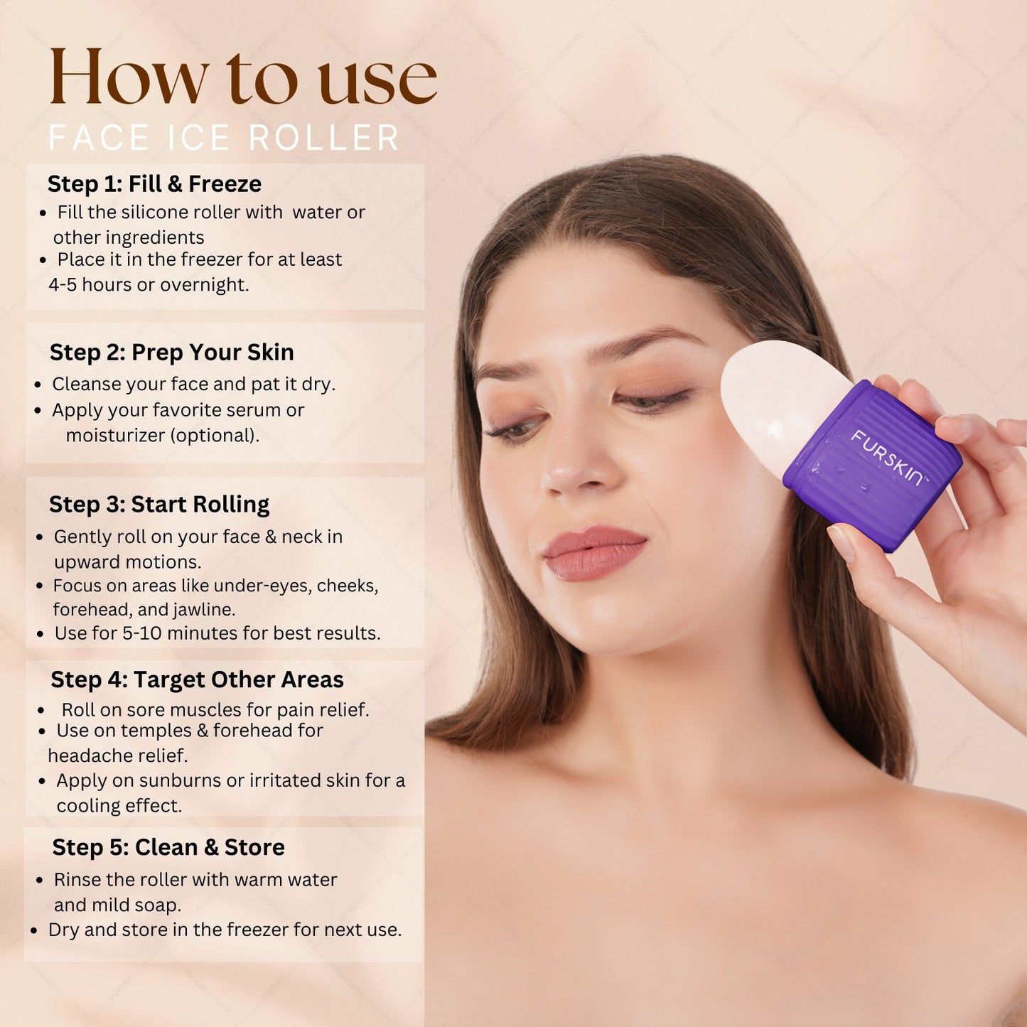 Furskin Ice Roller for Face, Neck & Eyes| Reusable Silicone Facial Tool for Glowing & Tightened Skin, De-Puff Eye Area, Cryotherapy Face Massager [ Purple ]