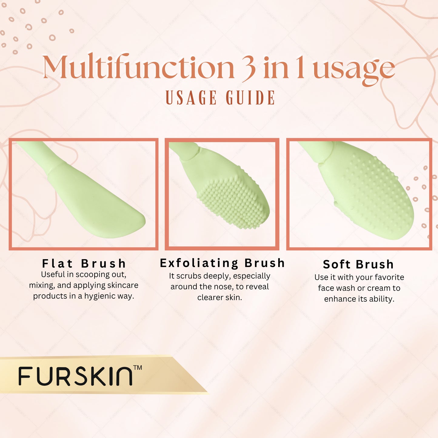 Furskin 3-in-1 Face & Lip Cleansing Brush | Ultra-Hygienic Soft Silicone Bristles for Gentle Exfoliation | Facial Mud, Clay & Charcoal Mask Applicator [Mint Green]