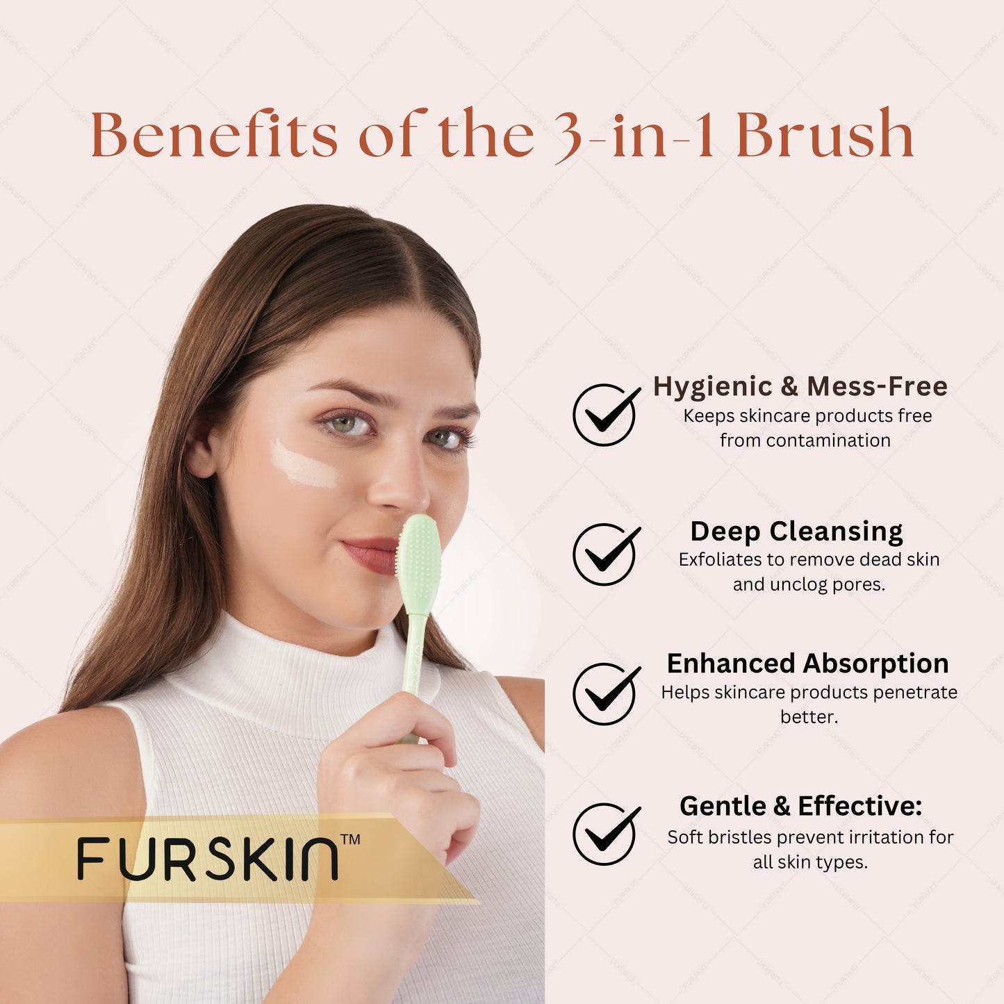 Furskin 3-in-1 Face & Lip Cleansing Brush | Ultra-Hygienic Soft Silicone Bristles for Gentle Exfoliation | Facial Mud, Clay & Charcoal Mask Applicator [Mint Green]